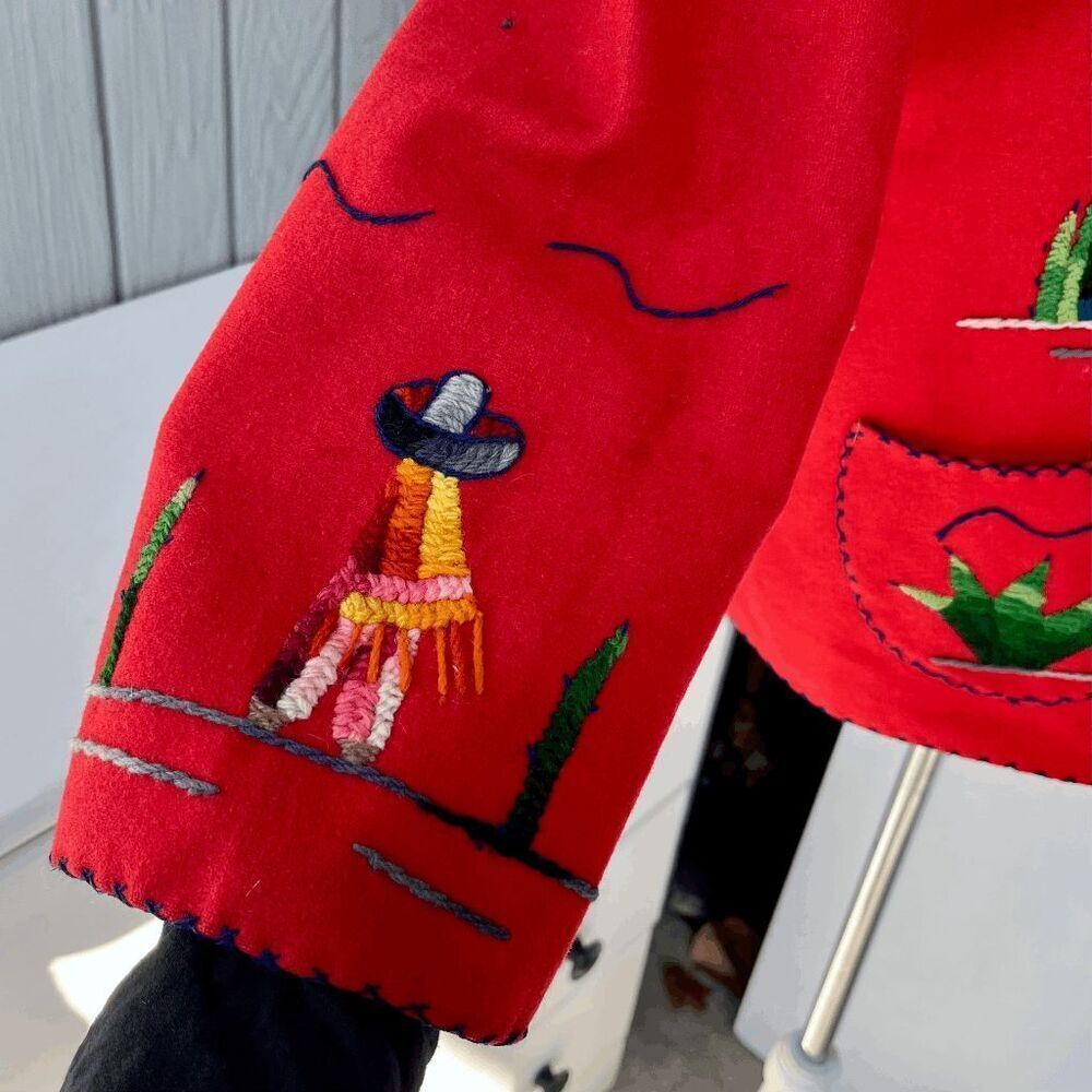 VTG 1940s Mexican Embroidered Wool Jacket Hand-Dyed Yarn, Folk Art, Red Wool S - Picture 8 of 15